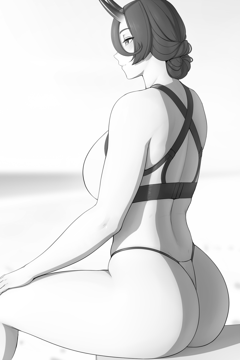 1girl, asahi_(lvl), ass, beach, bikini, black_hair, breasts, hair_between_eyes