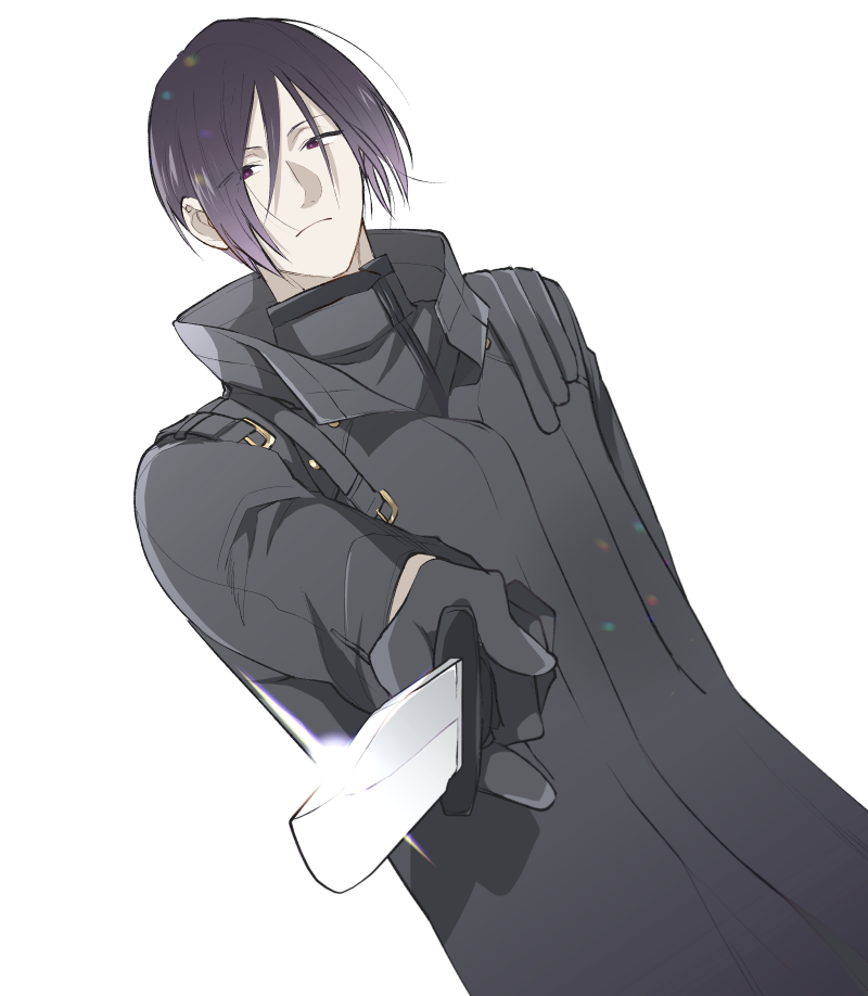 1103torenia, 1boy, black_coat, black_gloves, bustafellows, coat, dutch_angle, foreshortening, frown, glint, gloves, holding, holding_knife, holding_weapon, knife, male_focus, purple_hair, red_eyes, simple_background, solo, trench_coat, weapon, white_background, yang_(bustafellows)