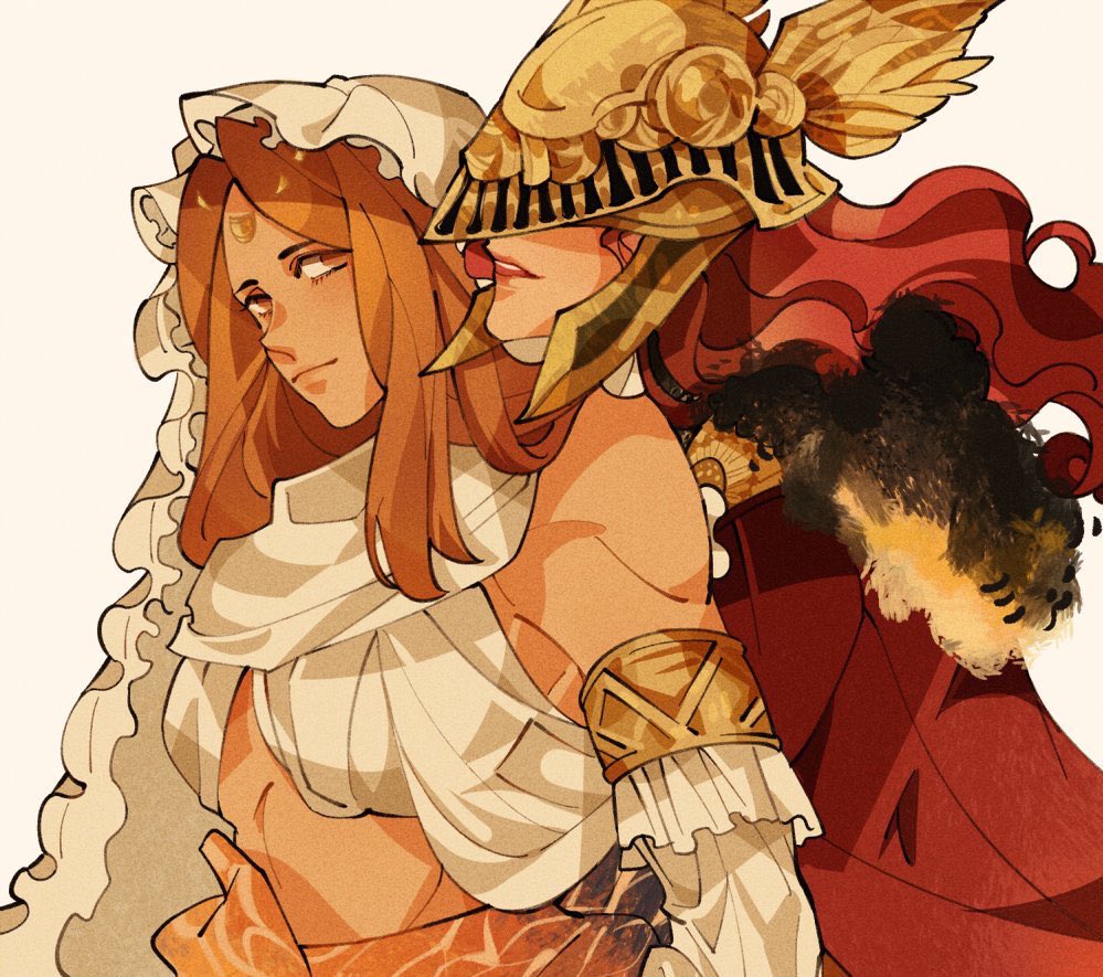 2girls, armor, breasts, brown_hair, cape, covered_eyes, crossover, curvy