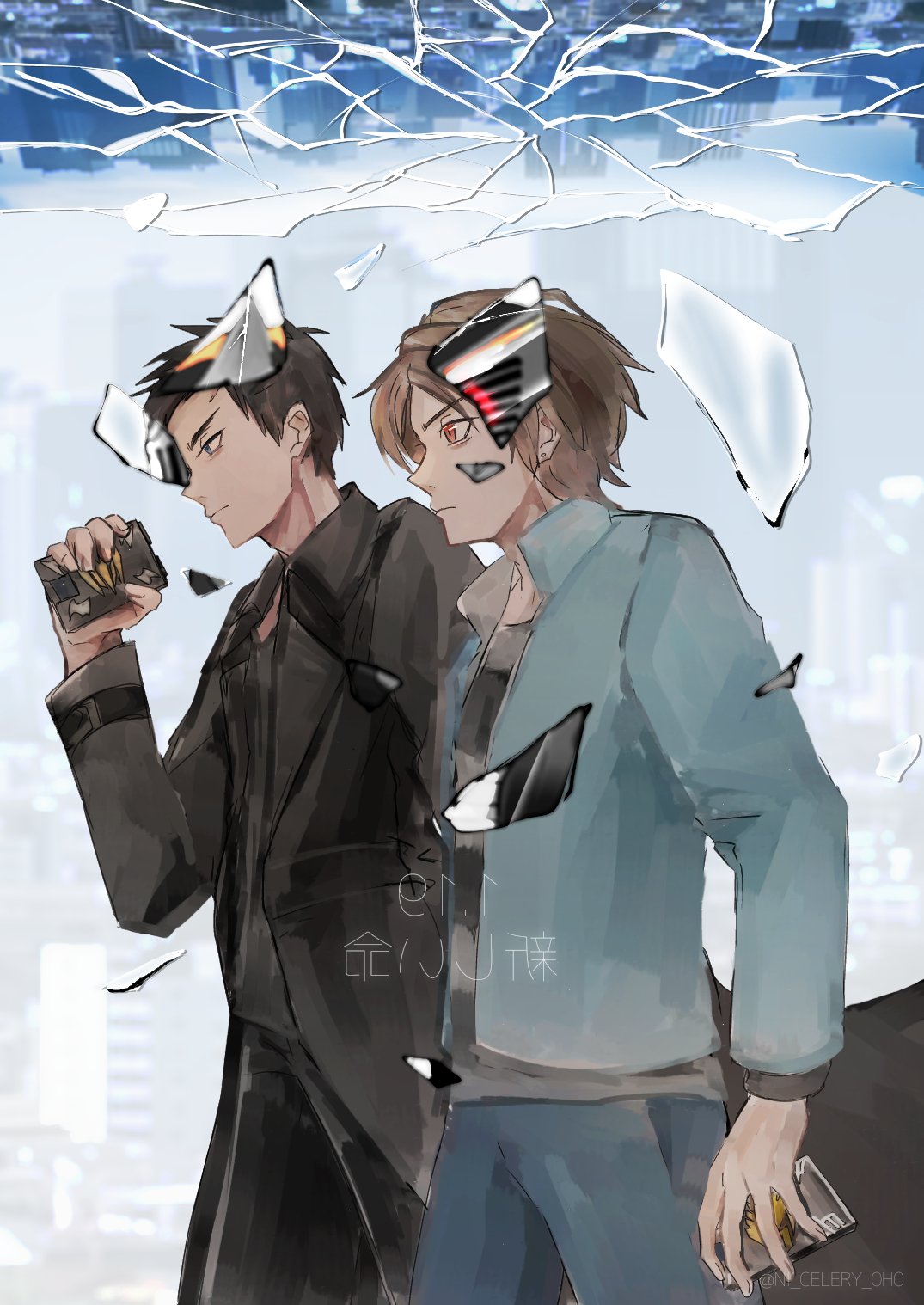 2boys, advent_deck, akiyama_ren, armor, bat, black_armor, black_eyes, black_hair