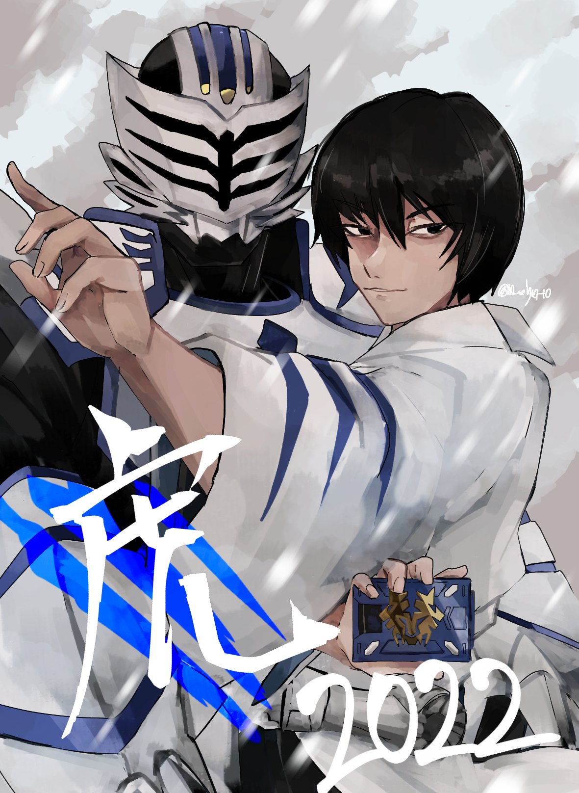 2022, 2boys, advent_deck, armor, black_bodysuit, black_eyes, black_hair, bodysuit