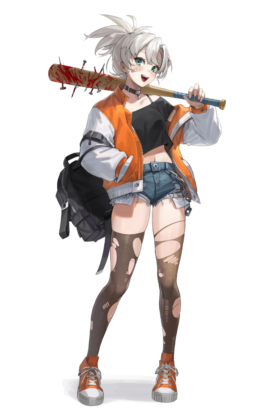 1girl, absurdres, backpack, bag, bandaid, bandaid_on_face, baseball_bat, black_shirt