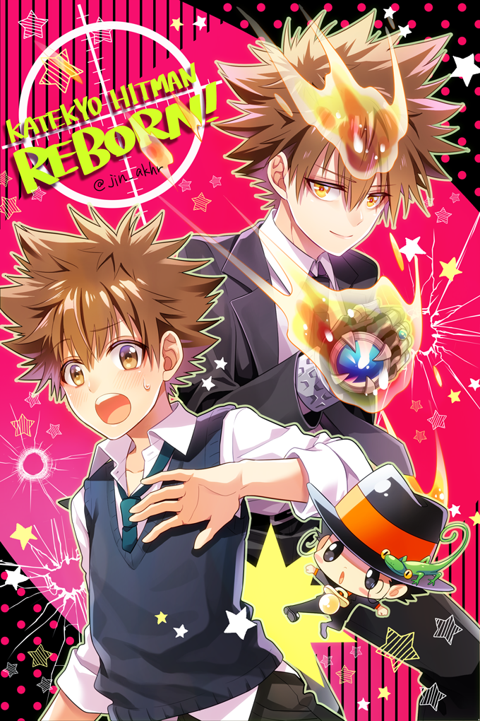 3boys, age_progression, black_hair, brown_eyes, brown_hair, bullet_hole, copyright_name, crosshair
