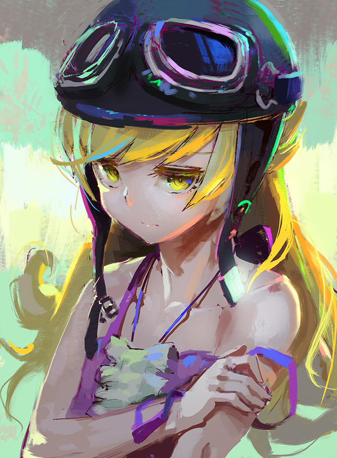 bangs, bare_shoulders, blonde_hair, colored_eyelashes, dress, goggles, goggles_on_head, goggles_on_headwear