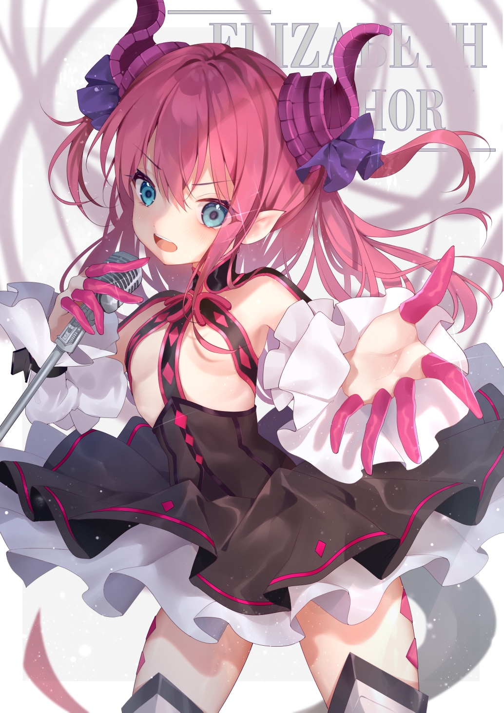 1girl, asymmetrical_horns, black_dress, blue_eyes, character_name, cowboy_shot, detached_sleeves, dress