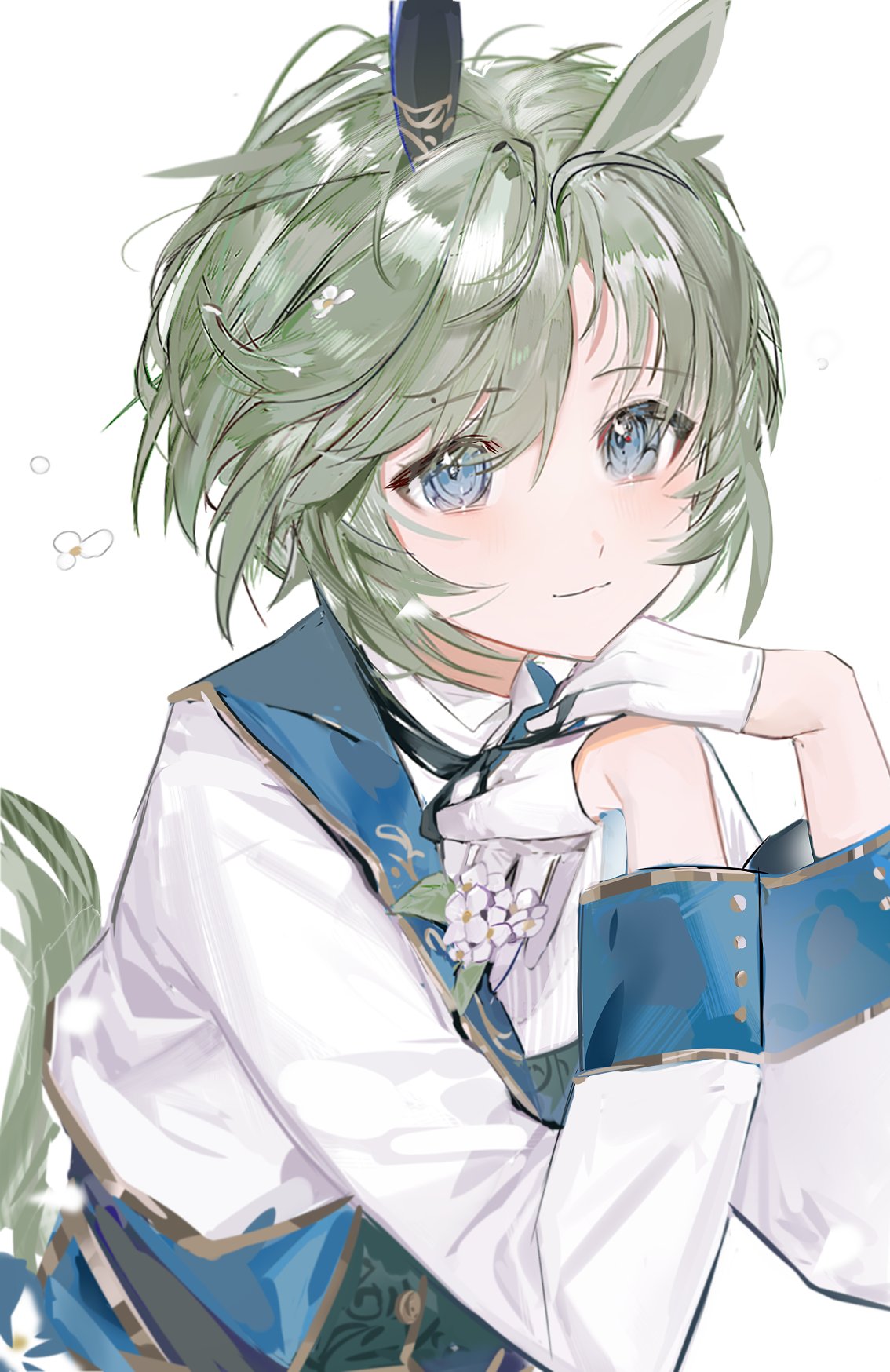 1girl, 2833osi, animal_ears, bangs, blue_eyes, blush, character_request, closed_mouth, eyebrows_visible_through_hair, gloves, gold_trim, green_hair, half_gloves, highres, horse_ears, horse_tail, light_smile, looking_at_viewer, shirt, simple_background, solo, tail, umamusume, white_background, white_gloves, white_shirt