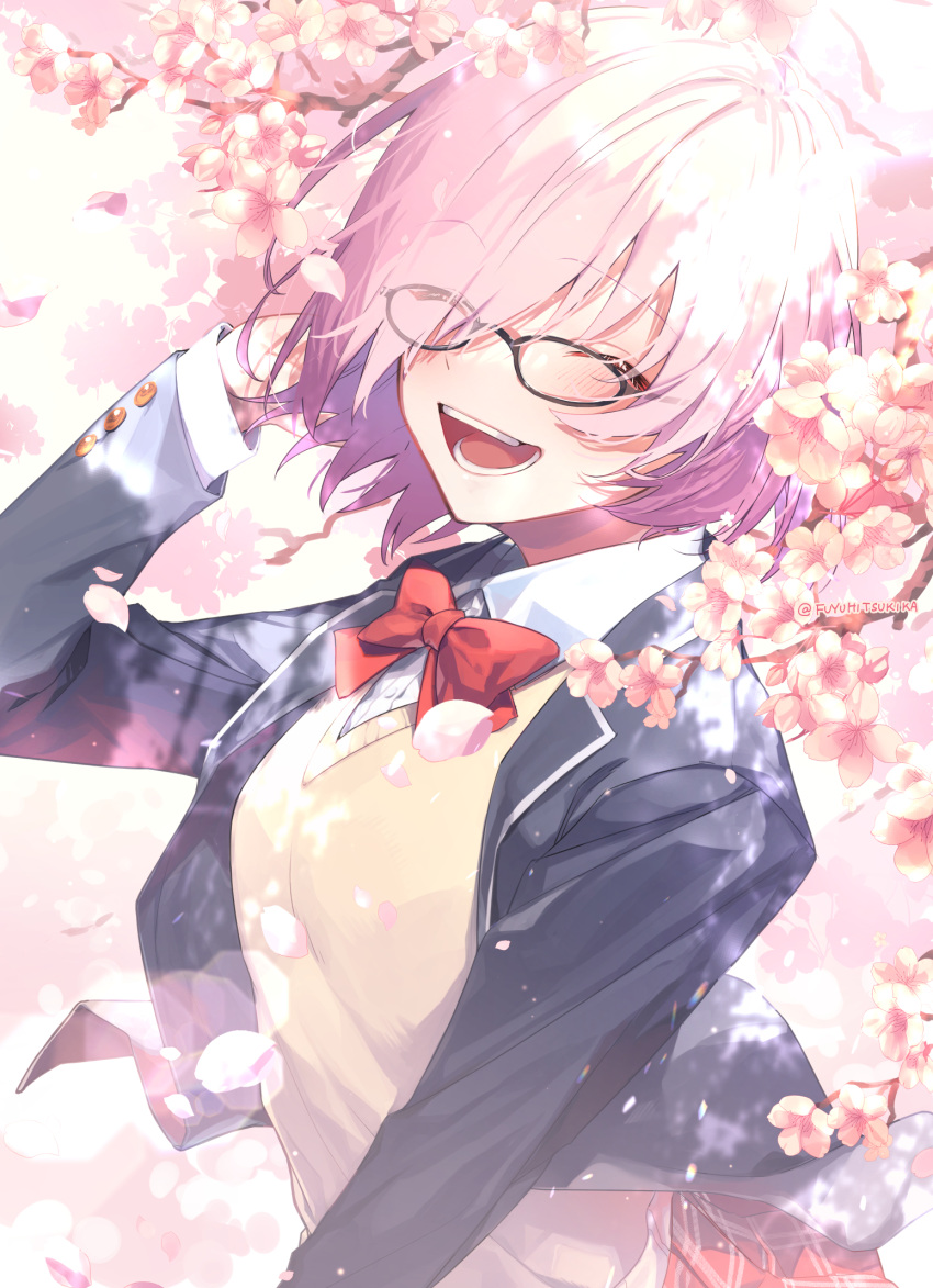 1girl, black_jacket, bow, cardigan, cherry_blossoms, closed_eyes, fate/grand_order, fate_(series)
