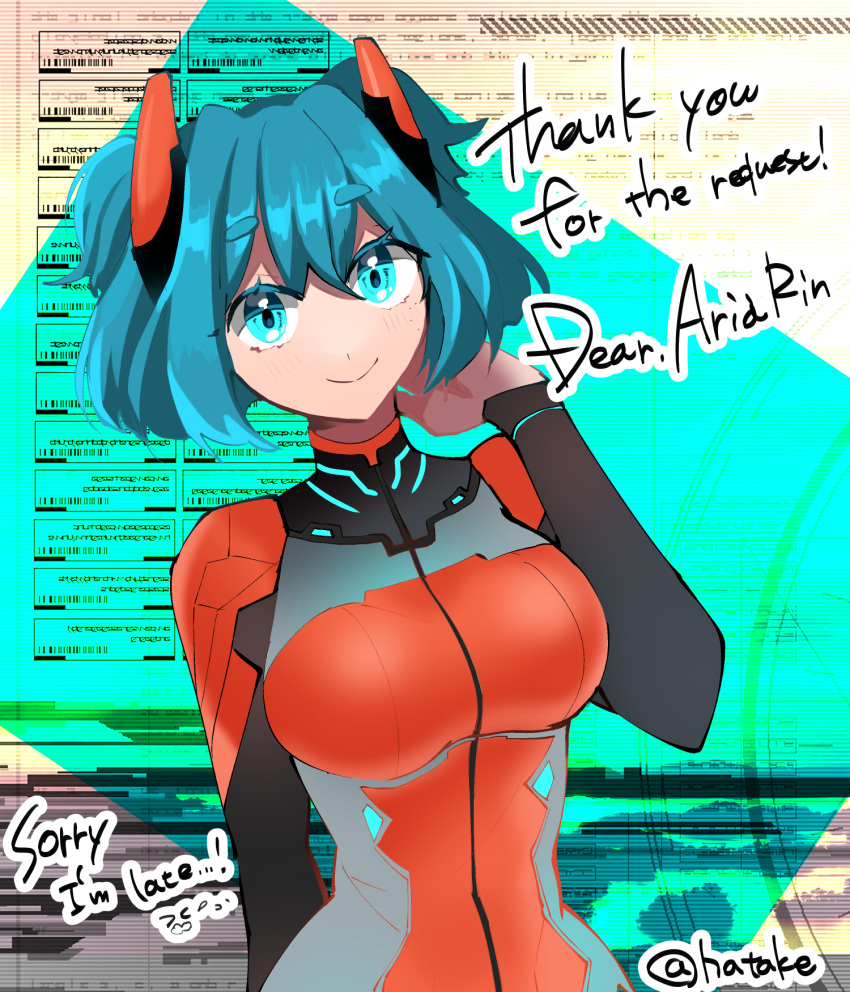 aria_rin, blue_eyes, blue_hair, breasts, commission, gaming_hata, highres, horns, indie_virtual_youtuber, mecha_pilot, medium_breasts, non-web_source, original, plugsuit, short_hair, skeb_commission, smile, thick_eyebrows, virtual_youtuber
