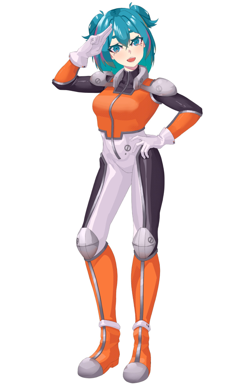 absurdres, aria_rin, blue_eyes, blue_hair, breasts, commission, highres, indie_virtual_youtuber, mecha_pilot, medium_breasts, original, plugsuit, short_hair, smile, thick_eyebrows, thick_thighs, thighs, virtual_youtuber, vividambitions