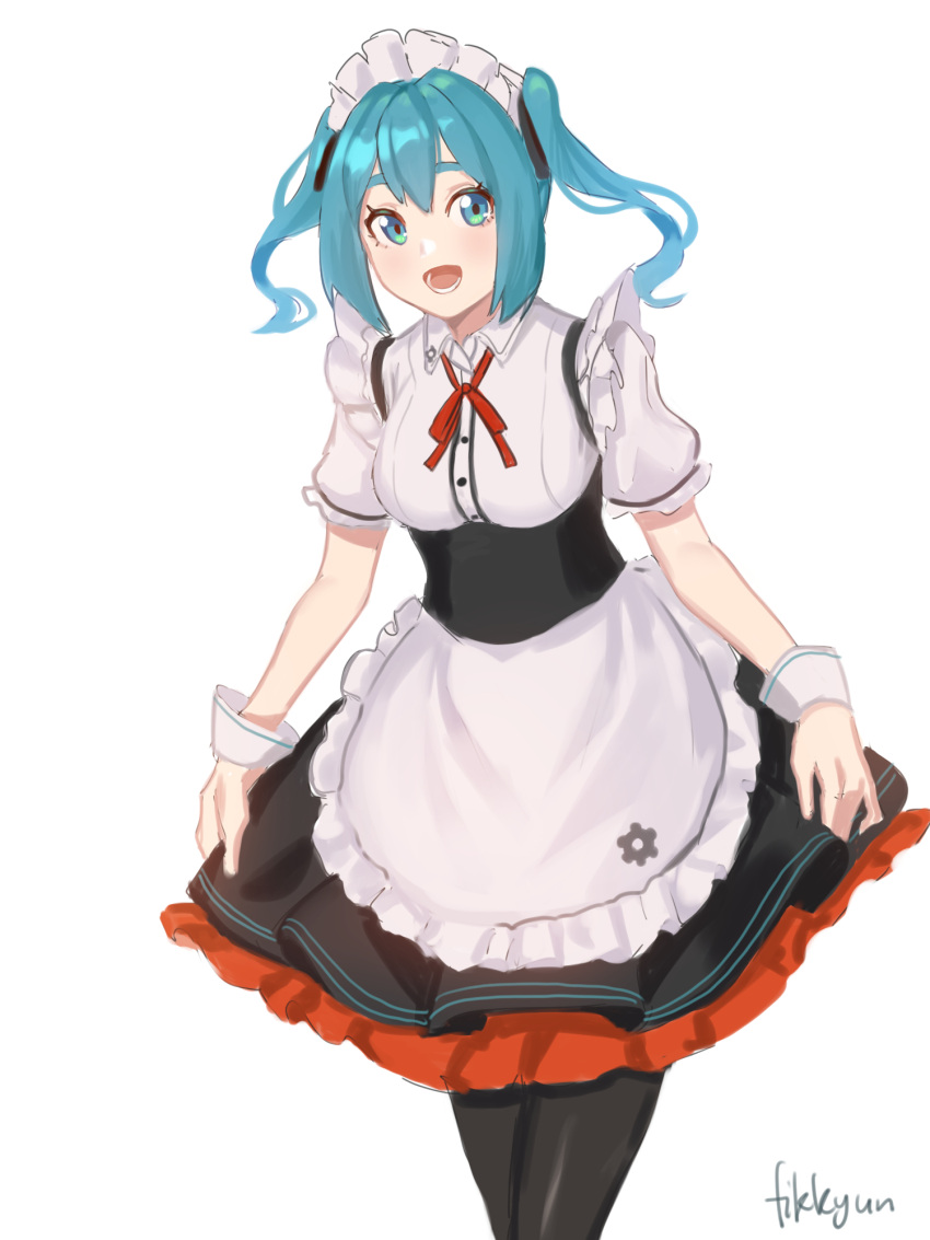 apron, aria_rin, blue_eyes, blue_hair, breasts, fikkyun, highres, indie_virtual_youtuber, maid, maid_apron, maid_headdress, medium_breasts, original, short_hair, smile, thick_eyebrows, twintails, virtual_youtuber