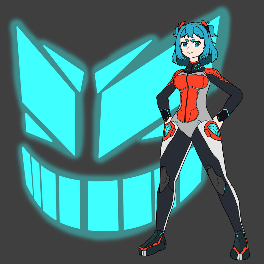 absurdres, aria_rin, axecutioner_(artist), blue_eyes, blue_hair, breasts, highres, indie_virtual_youtuber, mecha_pilot, medium_breasts, original, plugsuit, short_hair, smile, thick_eyebrows, thick_thighs, thighs, virtual_youtuber