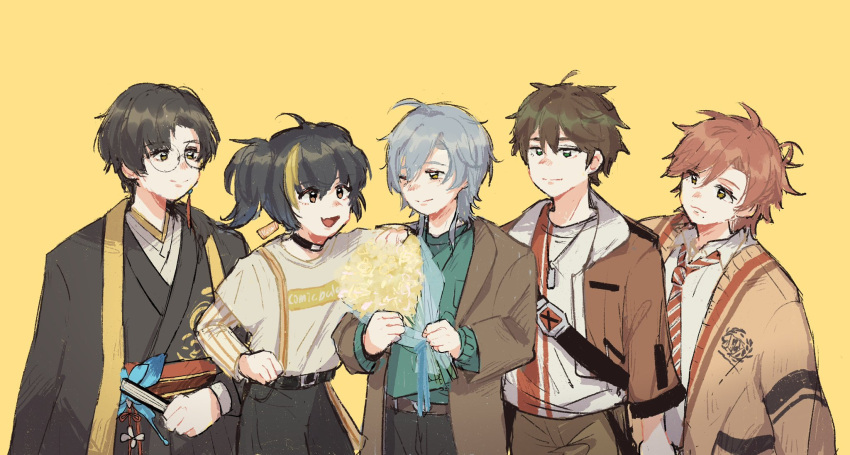 5boys, bangs, black_hair, black_jacket, blonde_hair, blue_hair, bouquet, brown_eyes, brown_hair, brown_jacket, collared_shirt, flower, gaon_(nijisanji), glasses, green_eyes, green_sweater, ha_yun, hair_behind_ear, han_chi_ho, highres, holding, holding_bouquet, jacket, jacket_on_shoulders, jewelry, korean_commentary, kunni, min_suha, mole, mole_under_eye, mole_under_mouth, multicolored_hair, multiple_boys, necklace, necktie, nijisanji, nijisanji_kr, one_eye_closed, parted_bangs, pink_hair, red_necktie, round_eyewear, shin_kiru, shirt, smile, streaked_hair, sweater, twintails, virtual_youtuber, white_shirt, yellow_flower