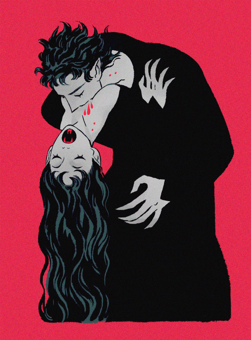 1boy, 1girl, between_breasts, bite_mark, biting, blood, breasts, closed_eyes
