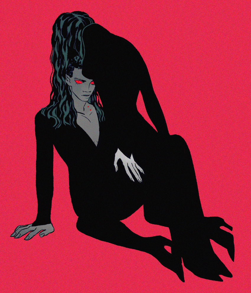 1boy, 1girl, @_@, between_legs, bite_mark, blood, bodysuit, colored_sclera