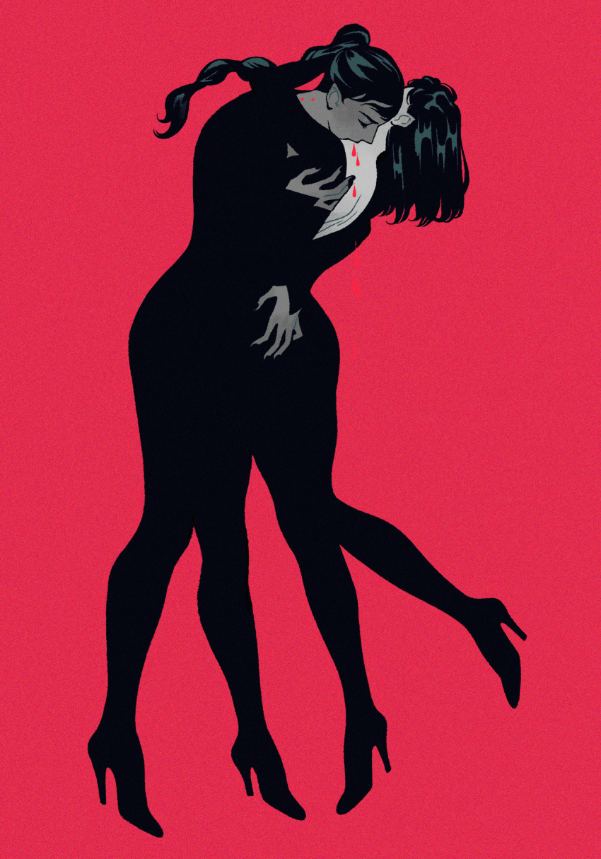 2girls, backless_outfit, bite_mark, biting, blood, braid, braided_ponytail, closed_eyes