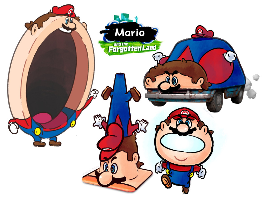 brown_hair, car, crossover, facial_hair, gloves, ground_vehicle, hat, highres, jiggidyjakes, kirby_(series), kirby_and_the_forgotten_land, mario, motor_vehicle, mouthful_mode, multiple_views, mustache, nintendo, open_mouth, red_headwear, simple_background, super_mario_bros., teeth, traffic_cone, white_background, white_gloves