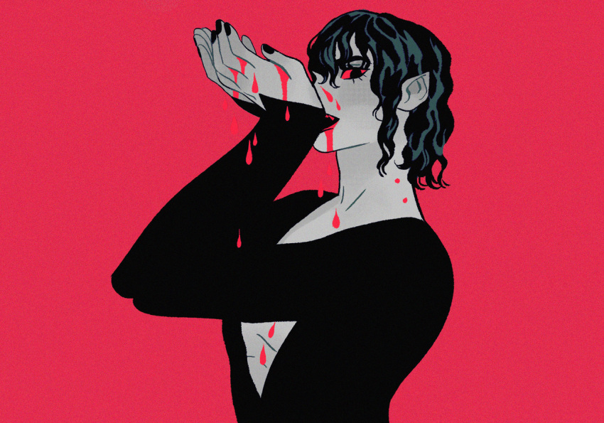 1other, androgynous, blood, colored_sclera, drinking_blood, from_side, hands_up, limited_palette