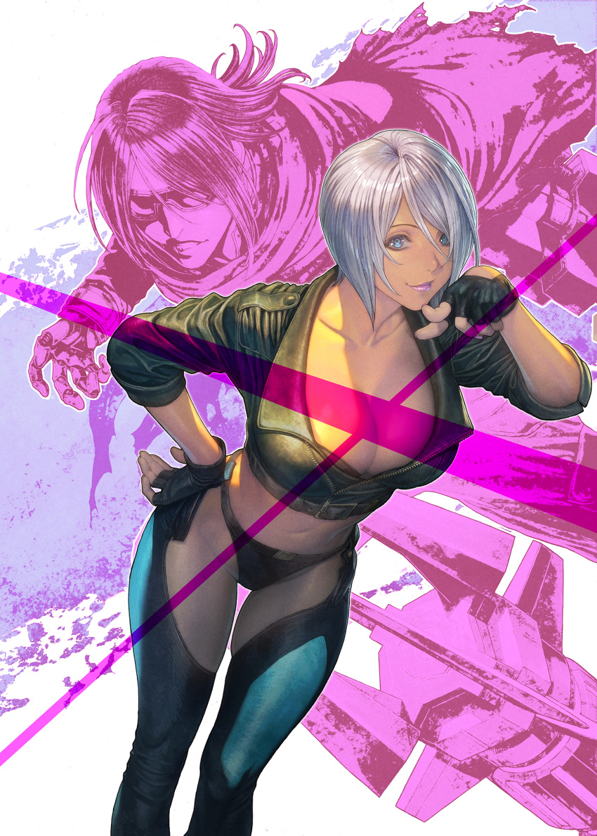 angel_(kof), blue_eyes, breasts, glasses, gloves, highres, jacket, krohnen