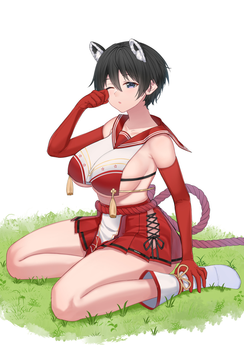 1girl, absurdres, animal_ears, artist_name, bangs, bare_shoulders, black_hair, blue_archive