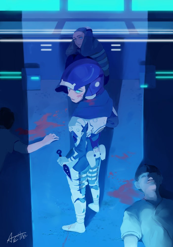 2boys, 2girls, apex_legends, arc4na, arms_behind_head, bald, bald_girl, black_hair