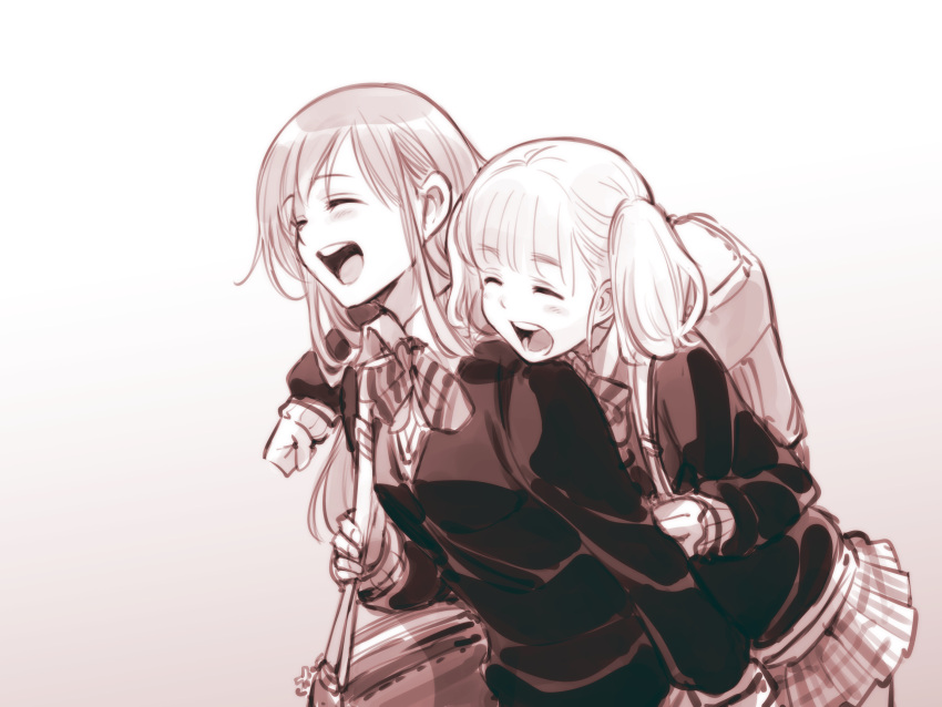 2girls, ^_^, bag, bangs, bow, cardigan, clenched_hand, closed_eyes