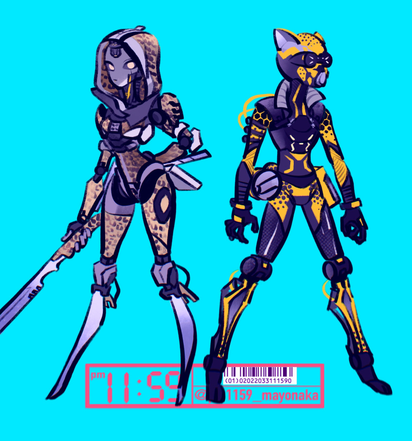 1boy, 1girl, android, apex_legends, ash_(titanfall_2), black_gloves, blue_background, cable, cheetah_print, gloves, goggles, hand_on_hip, helmet, highres, holding, holding_sword, holding_weapon, looking_ahead, looking_at_viewer, mechanical_legs, octane_(apex_legends), official_alternate_costume, pink_eyes, pm11:19, science_fiction, simulacrum_(titanfall), sword, weapon, wild_speed_octane