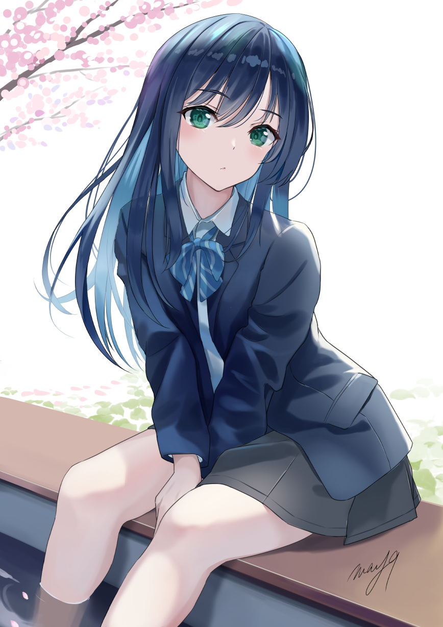 1girl, ashiyu, bangs, blazer, blue_hair, blush, closed_mouth, collared_shirt, green_eyes, hands_on_lap, highres, jacket, long_hair, looking_at_viewer, m.a.y., original, school_uniform, shirt, signature, sitting, skirt, solo, thighs, water
