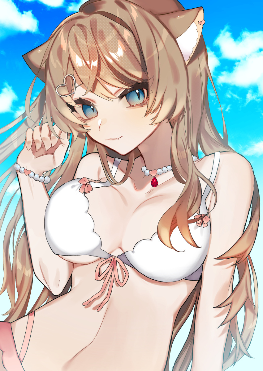 1girl, absurdres, animal_ear_fluff, animal_ears, bead_necklace, beads, bikini, bikini_top_only, blue_eyes, brown_hair, cat_ears, collarbone, commission, etou_(_eto_999), fang, hair_ornament, heart, heart_hair_ornament, highres, jewelry, leaning_to_the_side, long_hair, midriff, navel, necklace, pink_skirt, sakurai_hana, skeb_commission, skin_fang, skirt, sky, smile, solo, swimsuit, upper_body, vdonburi, virtual_youtuber, white_bikini