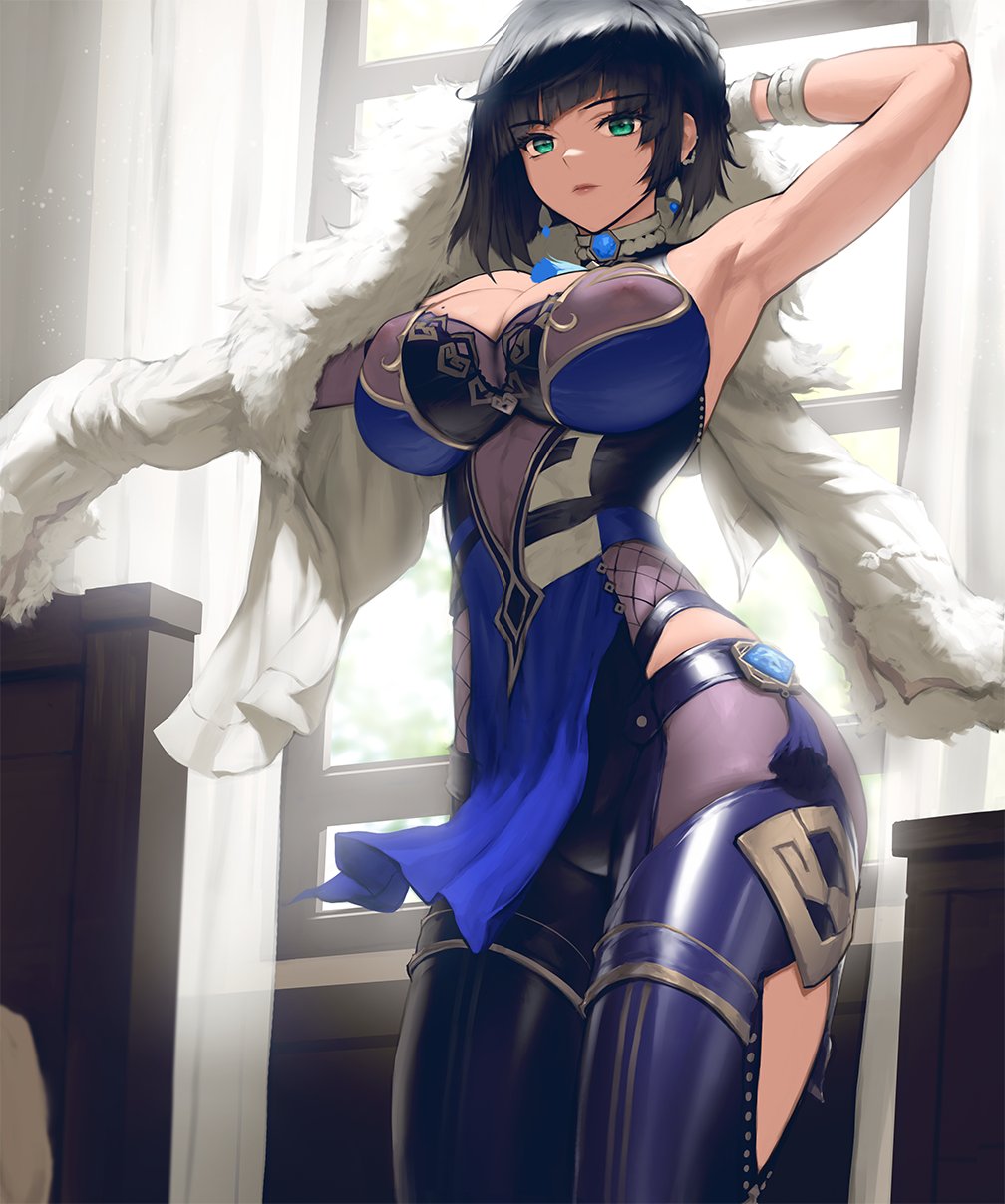 1girl, arm_behind_head, armpits, bangs, breasts, curvy, genshin_impact, green_eyes, highres, indoors, infi, jacket, large_breasts, mole, mole_on_breast, short_hair, solo, thick_thighs, thighs, tight, window, yelan_(genshin_impact)