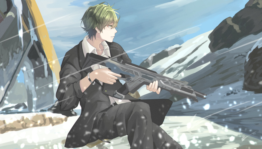 1boy, apex_legends, assault_rifle, belt, black_belt, black_pants, collared_shirt, from_side, green_hair, gun, holding, holding_gun, holding_weapon, ice, jewelry, male_focus, necklace, original, pants, r-301_carbine, rifle, sena_(illust_sena), shirt, sitting, snowing, solo, sono_(gamer), weapon, white_shirt, world's_edge