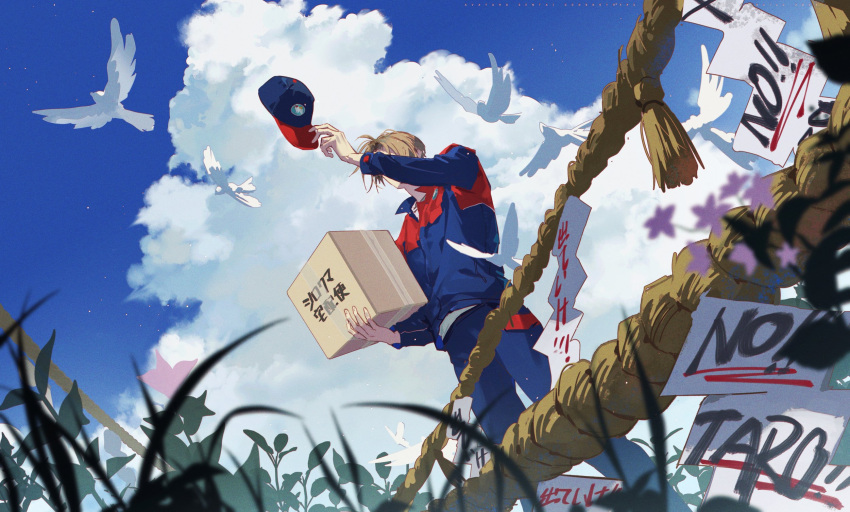1boy, avataro_sentai_donbrothers, bird, blue_jacket, blue_pants, blue_sky, box, brown_hair