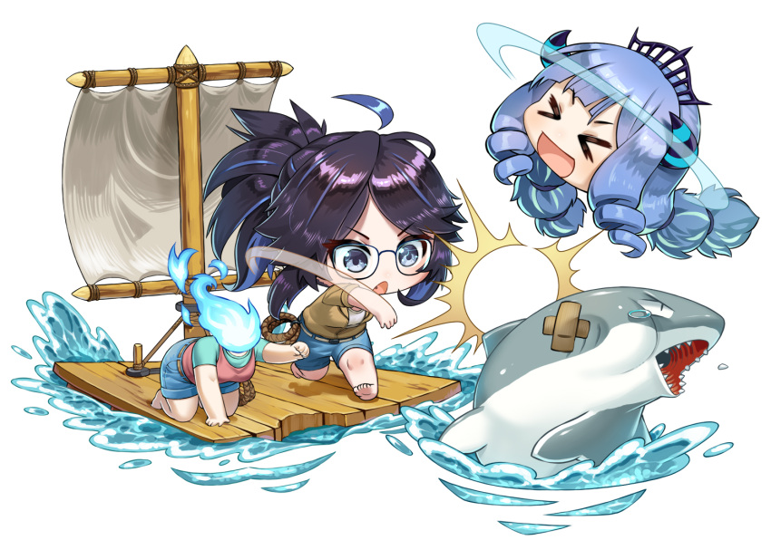 >_<, 2girls, agustinus, ahoge, black-framed_eyewear, blue_eyes, blue_fire, creator_connection