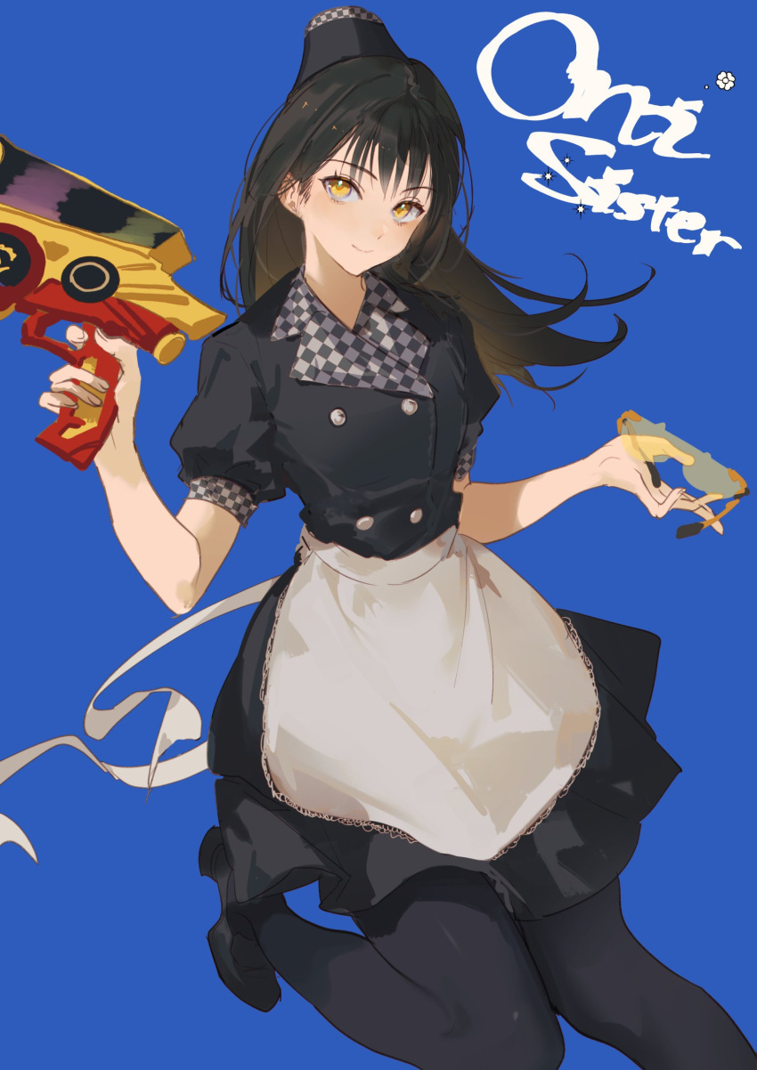1girl, alternate_costume, apron, avataro_sentai_donbrothers, black_dress, black_footwear, black_hair, blue_background, breasts, checkered, donblaster, doran7280, dress, gun, highres, holding, holding_gun, holding_weapon, kito_haruka, long_hair, medium_breasts, official_alternate_costume, pantyhose, shoes, simple_background, super_sentai, waitress, weapon, yellow_eyes