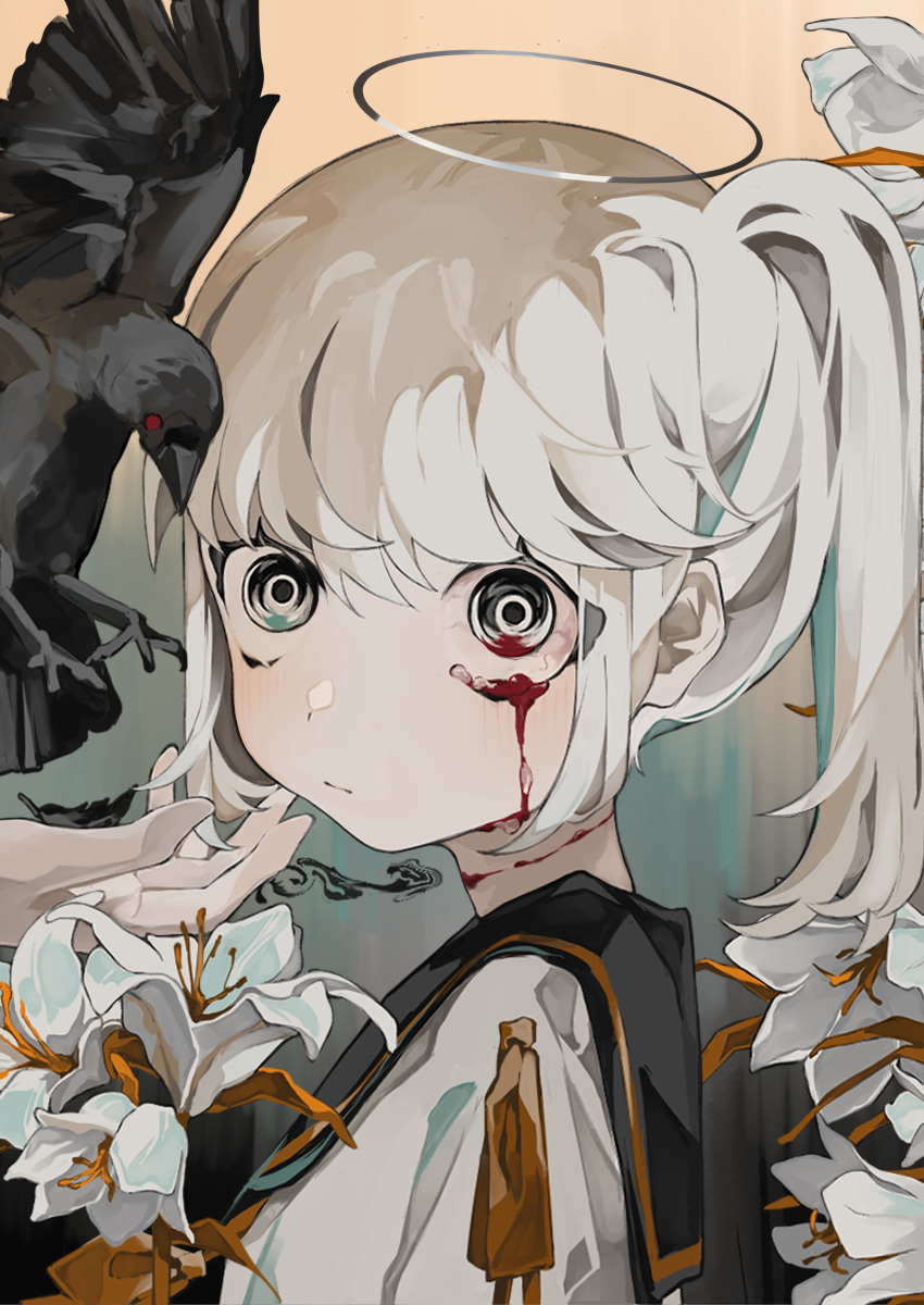 1girl, absurdres, bangs, bird, black_eyes, black_sailor_collar, blood, blood_from_eyes, bloodshot_eyes, closed_mouth, commentary_request, crow, flower, from_side, halo, highres, long_hair, looking_at_viewer, original, ponytail, sailor_collar, scar, scar_on_neck, school_uniform, serafuku, shirt, solo_focus, toasu, upper_body, white_flower, white_hair, white_shirt