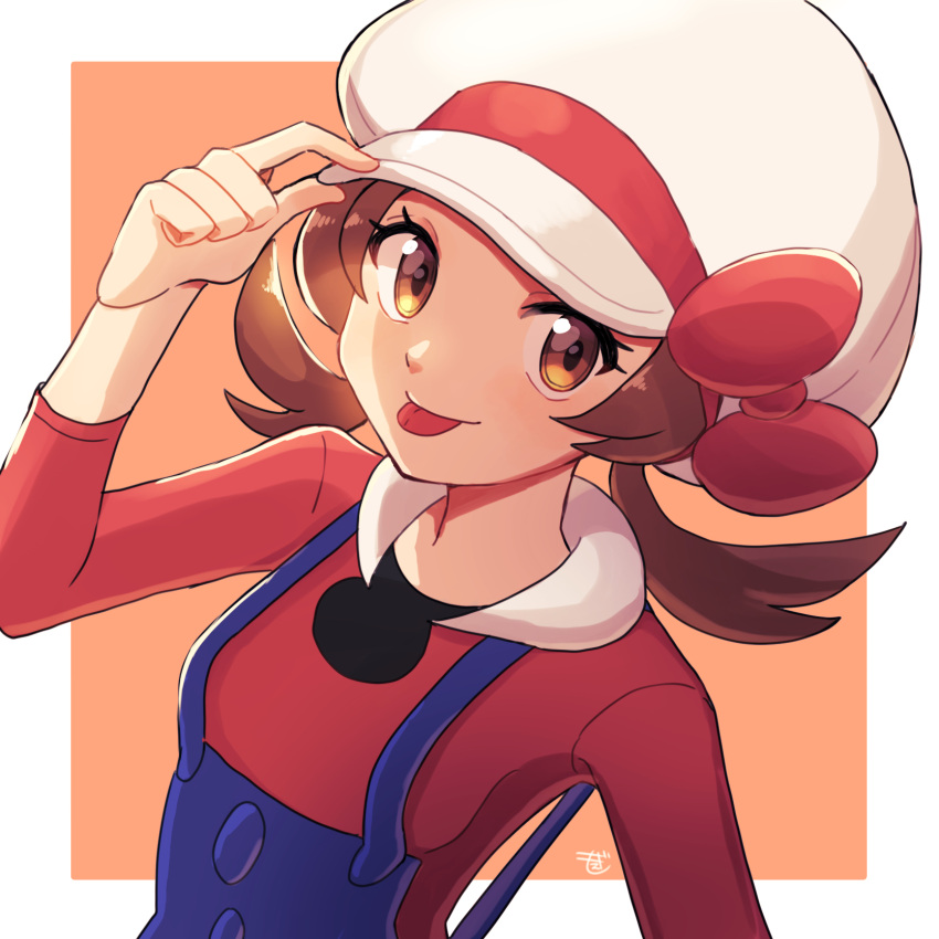 1girl, :p, blue_overalls, bow, brown_eyes, brown_hair, cabbie_hat, hat, hat_bow, highres, looking_at_viewer, lyra_(pokemon), moegi_itsukashi, overalls, pokemon, pokemon_(game), pokemon_hgss, red_bow, red_shirt, shirt, solo, tongue, tongue_out, twintails, upper_body, white_headwear
