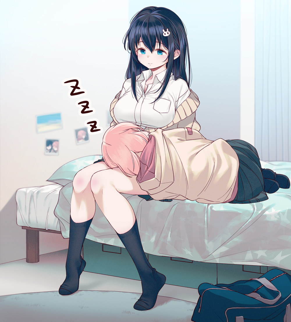 2girls, 40hara, bag, black_hair, black_legwear, breasts, closed_mouth, collared_shirt