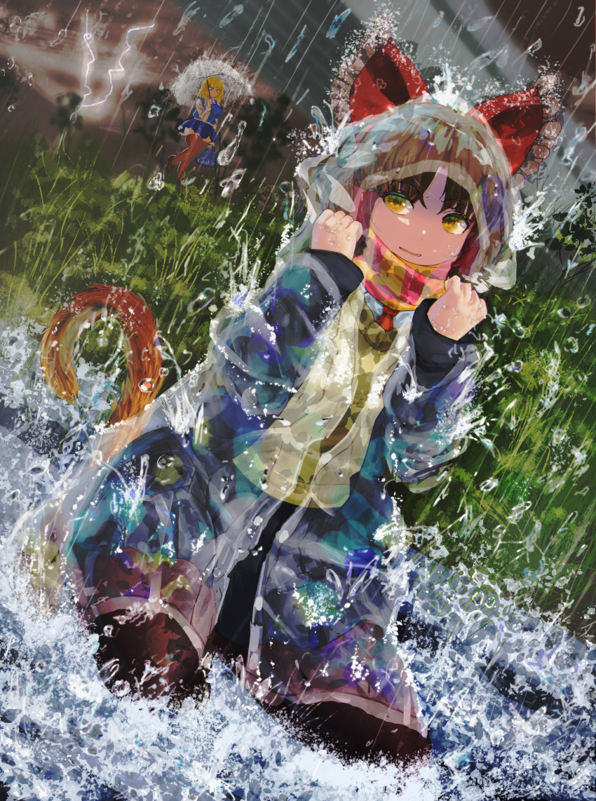 2girls, bag, bangs, benikurage_(cookie), black_footwear, black_jacket, black_skirt, blonde_hair