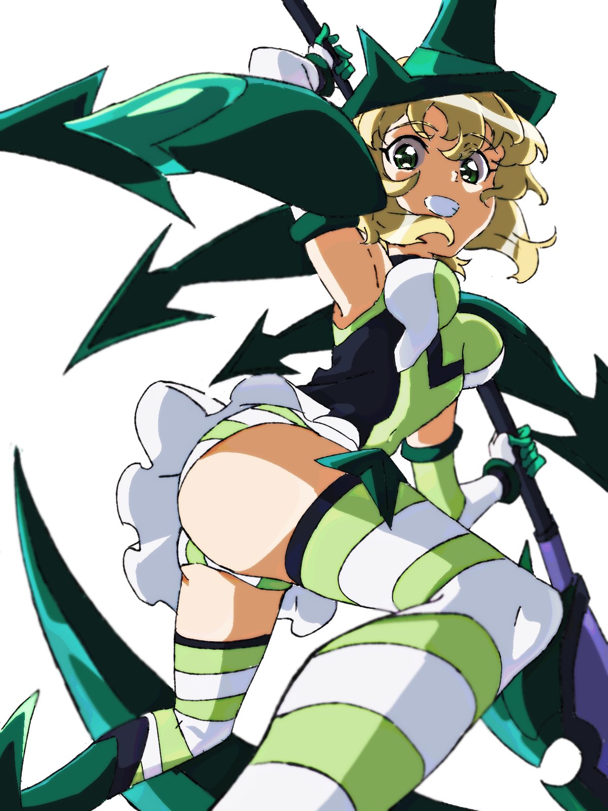 1girl, akatsuki_kirika, ass, blonde_hair, breasts, from_behind, green_eyes, green_leotard, hair_ornament, highres, keeemu_(gouf2016), leotard, looking_at_viewer, looking_back, medium_breasts, senki_zesshou_symphogear, shiny, shiny_hair, shiny_skin, short_hair, simple_background, skirt, solo, striped, striped_legwear, thigh-highs, white_background, x_hair_ornament