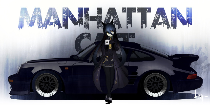 absurdres, ahoge, animal_ears, black_hair, black_legwear, blackbird_(wangan_midnight), car, character_name