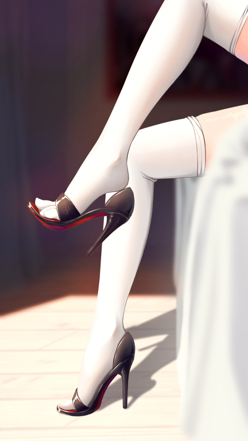 1girl, bed, feet, foot_focus, high_heels, highres, legs, original, sitting, soles, solo, thigh-highs, toes, wcks0774, white_legwear