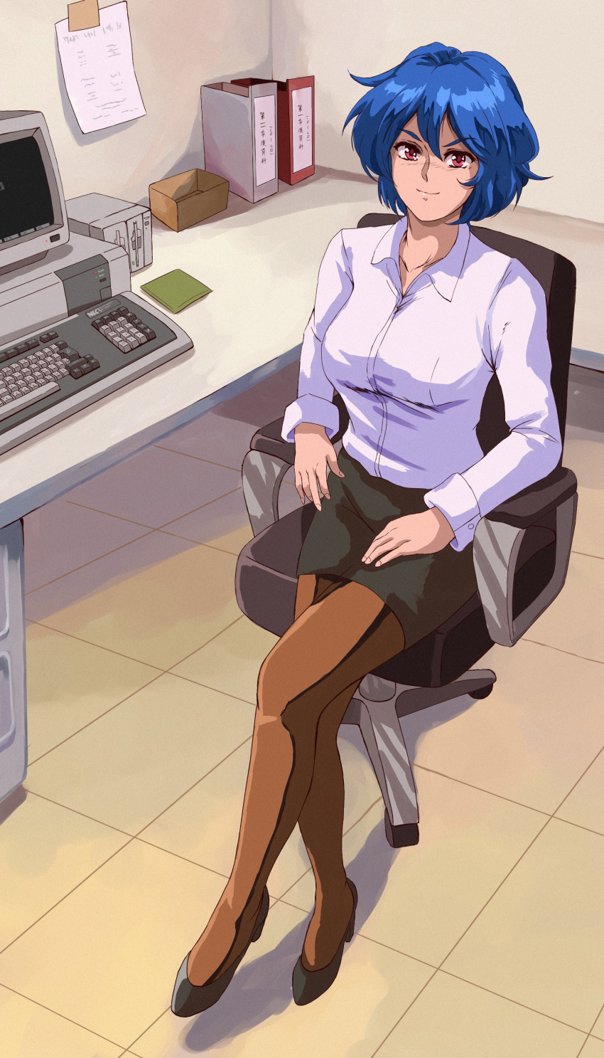 1980s_(style), 1girl, absurdres, black_skirt, blue_hair, breasts, chair, computer, file_cabinet, formal, hand_on_lap, highres, keyboard_(computer), large_breasts, long_sleeves, looking_at_viewer, monitor, office, office_chair, office_lady, original, pantyhose, pencil_skirt, red_eyes, retro_artstyle, shirt, short_hair, skirt, skye_(hcnone), smile, solo, thigh-highs, white_shirt, yato_(yama0x1)