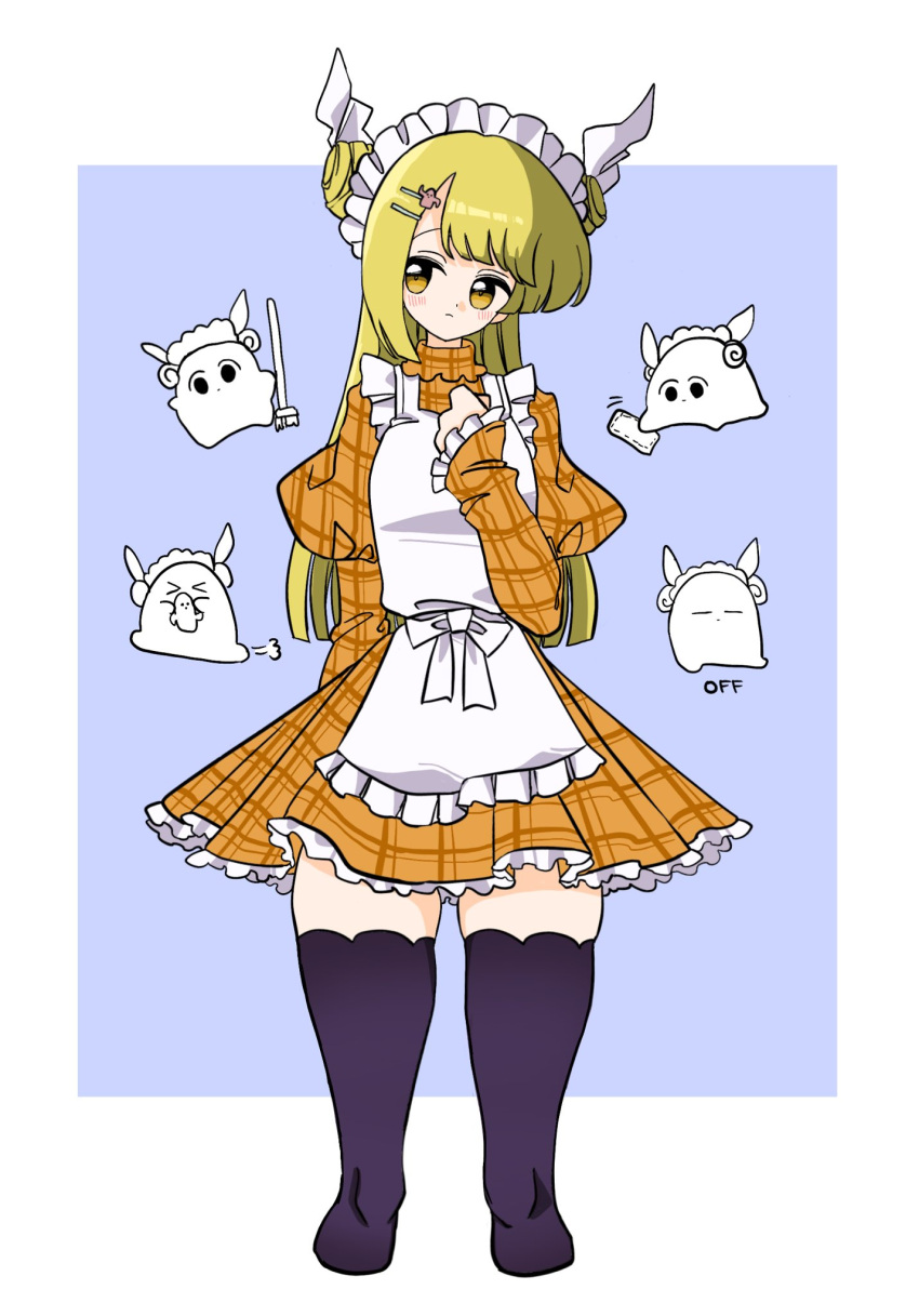 >_<, 1girl, alternate_costume, alternate_hair_length, alternate_hairstyle, apron, bangs, black_eyes, black_legwear, blonde_hair, blue_background, blush, border, bow, breasts, closed_eyes, closed_mouth, commentary_request, double_bun, dress, english_text, eyebrows_visible_through_hair, frills, gao_wanwan, hair_ornament, hair_ribbon, hairpin, hand_on_own_chest, hand_up, haniwa_(statue), haniwa_hair_ornament, highres, joutouguu_mayumi, juliet_sleeves, long_hair, long_sleeves, looking_to_the_side, maid, maid_headdress, medium_breasts, orange_dress, orange_eyes, outside_border, plaid, plaid_dress, puffy_sleeves, ribbon, simple_background, solo, standing, thigh-highs, touhou, white_apron, white_border, white_bow, white_ribbon