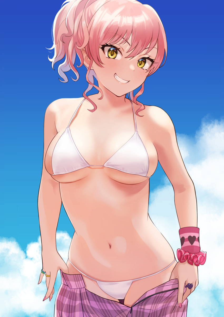 1girl, bikini, blue_sky, clouds, cowboy_shot, gokome, highres, idolmaster