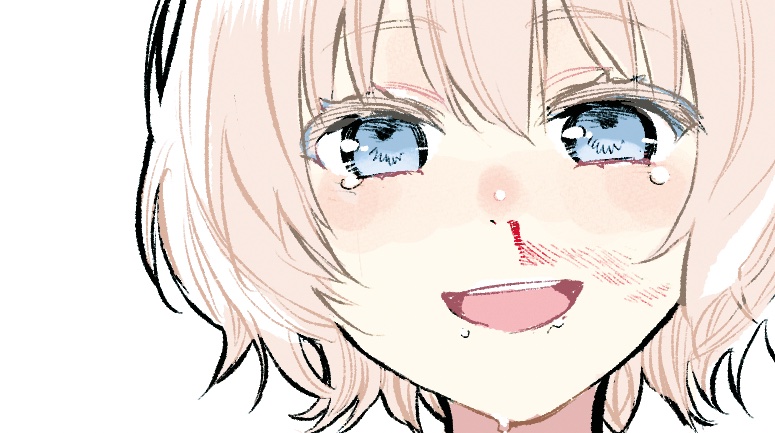 1girl, blonde_hair, blood, blue_eyes, character_request, crying, face, kitanai_kimi_ga_ichiban_kawaii