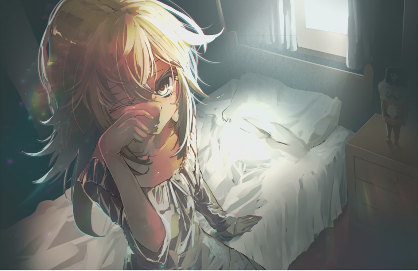 1girl, 22kyun2, bed, bed_sheet, blonde_hair, blue_eyes, collarbone, desk, long_hair, looking_at_viewer, nightgown, nutcracker, pillow, rubbing_eyes, solo, tanya_degurechaff, teeth, tired, waking_up, window, youjo_senki