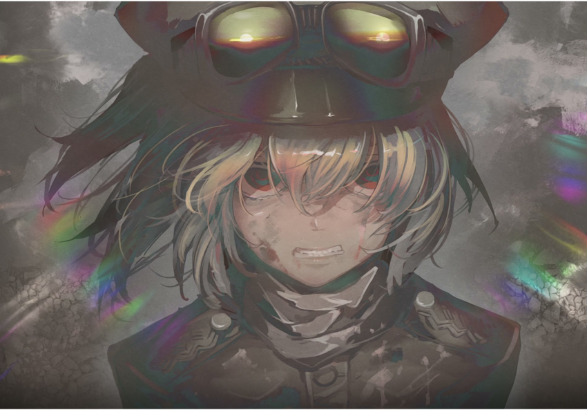 1girl, 22kyun2, bangs, blonde_hair, blood, blood_on_face, buttons, clenched_teeth, dark_background, dirty, dirty_face, goggles, goggles_on_head, hat, looking_at_viewer, military, military_hat, military_uniform, red_eyes, short_hair, solo, tanya_degurechaff, teeth, uniform, upper_body, youjo_senki