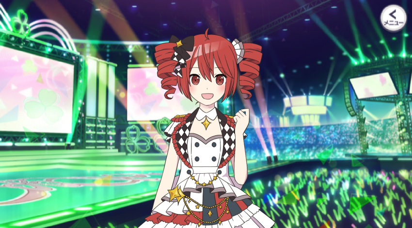 1girl, :d, april_fools, black_bow, blush, bow, chain, detached_collar