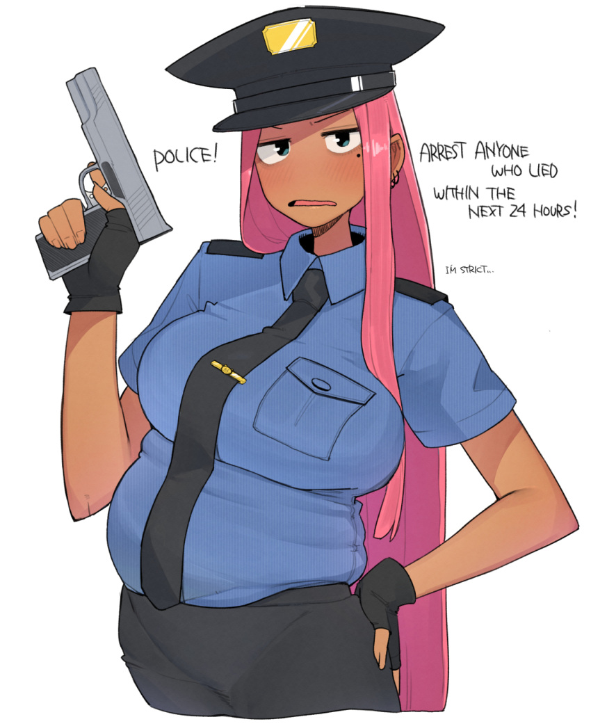 1girl, april_fools, aqua_eyes, black_gloves, black_headwear, black_necktie, black_pants, blue_shirt