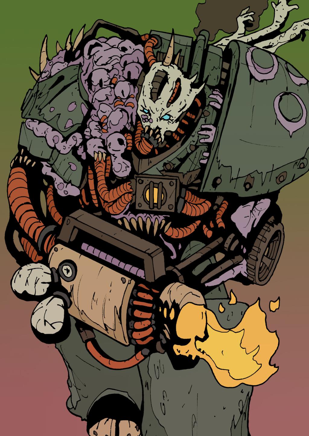 armor, blue_eyes, brown_background, cancer, chaos_(warhammer), chaos_space_marine, commentary, darkmechanic