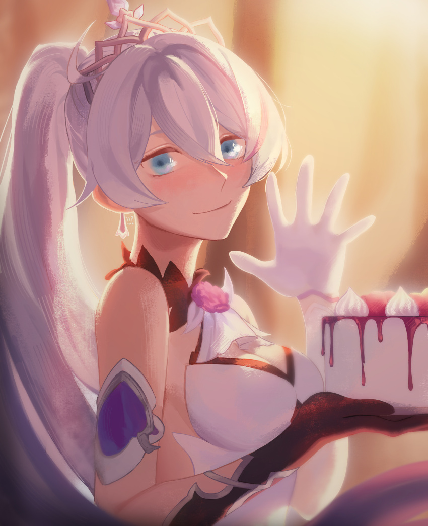 1girl, absurdres, asymmetrical_gloves, bangs, bare_shoulders, black_gloves, blue_eyes, cake